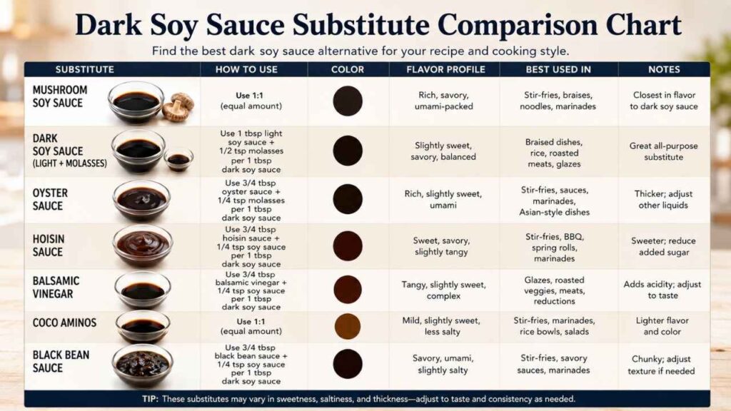 Dark Soy Sauce Substitute Comparison Chart