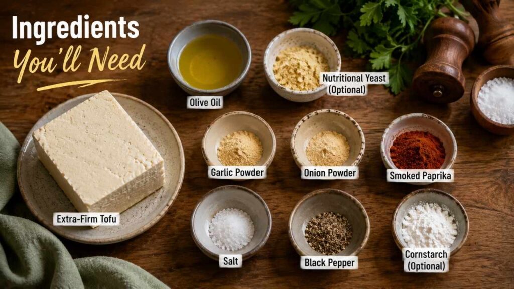 The ingredient list for baked grated tofu is simple, but each ingredient helps create the perfect texture and flavor.